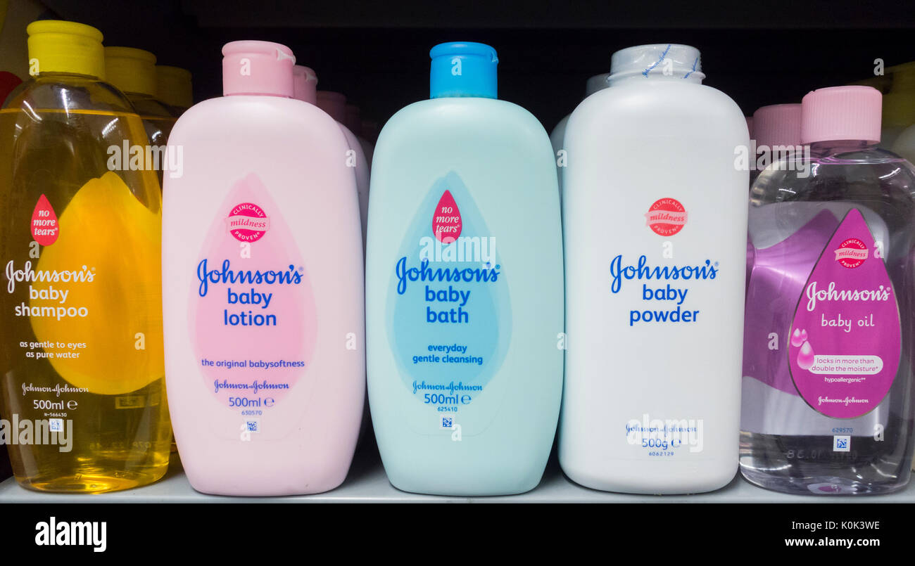 Johnson`s baby products on supermarket shelf. UK Stock Photo